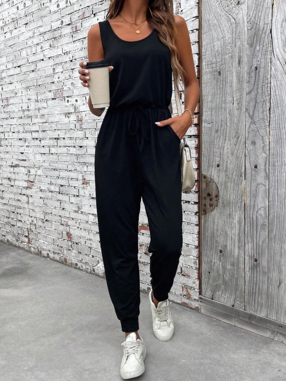 Black Jumpsuit Tank Style with Pockets and Drawstring